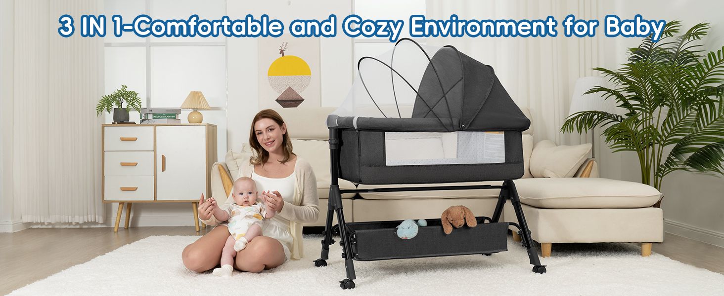 BCOL 3-in-1 Dark Grey bassinet with mother and baby