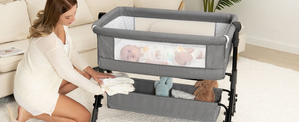 Restocking the storage basket of a BCOL Grey bassinet