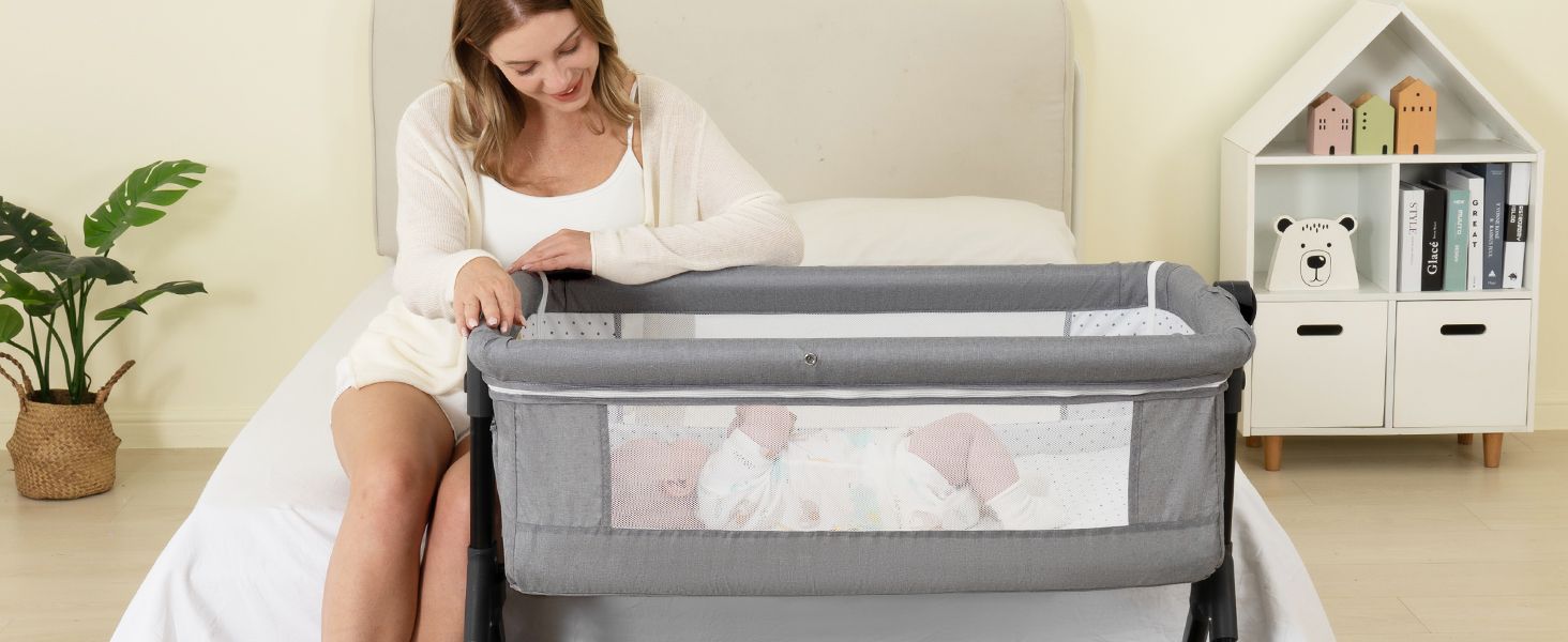 BCOL Grey bassinet beside the sofa